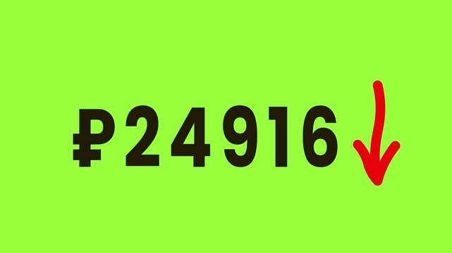 Ruble currency value decreasing over time with downward trend illustration on bright green background concept motion graphics