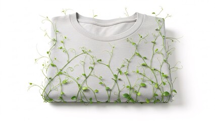 Sustainable fashion concept with green vines on a folded t-shirt