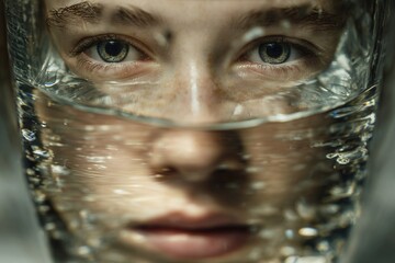 Close-up portrait of a young woman with water droplets on her face, capturing the essence of emotion and vulnerability in a surreal underwater atmosphere
