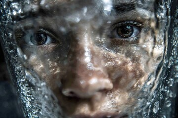 Close-up portrait of a young woman with water droplets on her face, capturing the essence of emotion and vulnerability in a surreal underwater atmosphere