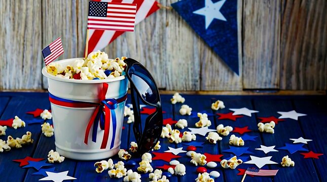 Patriotic popcorn bucket with american flags on rustic wooden background
- Powered by Adobe