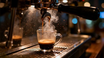 Espresso Brewing into Glass Cup Steam Rising