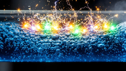 A dynamic close-up of blue water bubbles mixed with electric sparks.