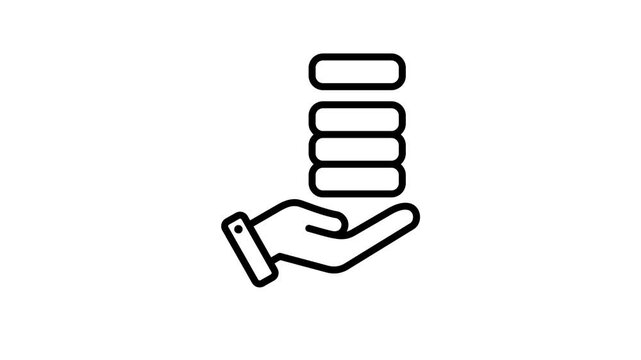 Animated earning line icon with hand, money and coin animation demonstrating cost, income, saving and revenue. Outline style on a white background in 4K resolution.