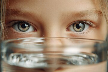 Close-up of a child with striking eyes gazing intently at a glass of clear water, showcasing curiosity and innocence in a bright, natural setting