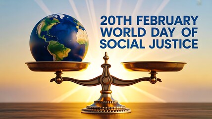 World day of social justice concept with globe and balance scales illustration
