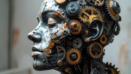 Steampunk Female Robot Head Profile with Gears and Cogs