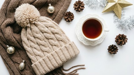 Comforting Hot Tea Cup With Knit Hat Winter Atmosphere Scene