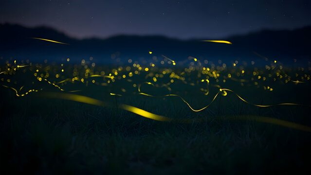 A magical field filled with glowing lightning bugs under a dark blue sky.
