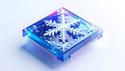 Illuminated computer chip with snowflake overlay, futuristic design