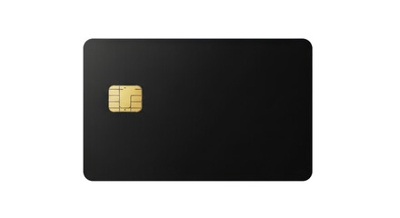 A blank, matte black payment card with a glossy golden EMV chip, isolated on a transparent background with diffused lighting, no shadows, a high-tech minimalist concept for finance