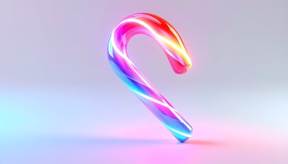 A glossy candy cane, illuminated with vibrant, glowing rainbow colors