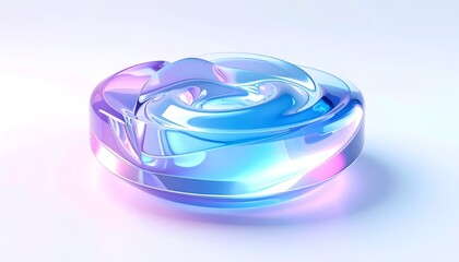 A clear, iridescent, glass-like rose sculpture on a white, gradient surface