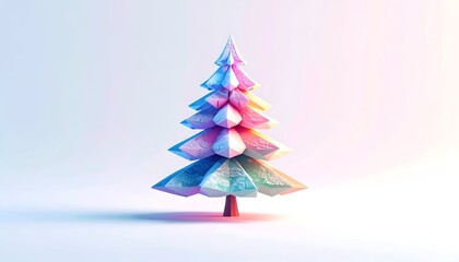 Low-poly Christmas tree, brightly lit, with vibrant colors on a clean background