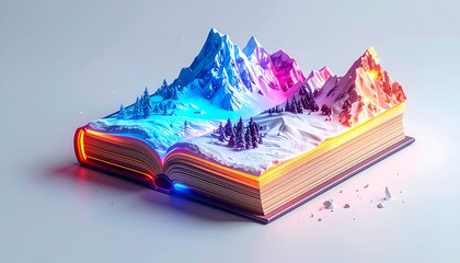 A book opens to reveal a colorful snowy mountain landscape