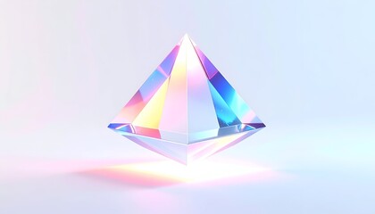 A translucent, multi-colored pyramid shape floats on a soft, gradient background