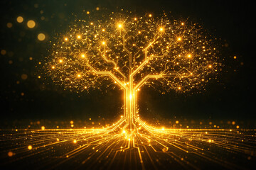 AI generated golden digital circuit tree glowing with data light and sparkling particles on dark background symbolizing intelligence innovation wealth growth and powerful technology