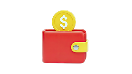 3D Render of a Red Wallet with a Dollar Coin