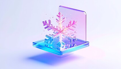 Iridescent snowflake suspended within a translucent, geometric structure