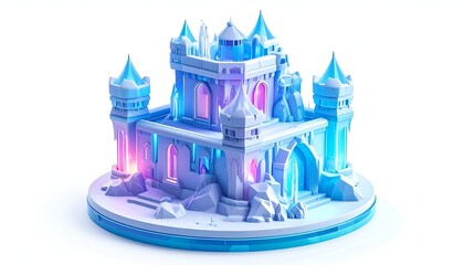 A stylized ice castle with towers and colorful neon lighting on a platform