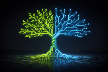 AI generated symbolic tree merging green nature blue digital circuits representing sustainable technology artificial intelligence data networks innovation and future focused design on dark background