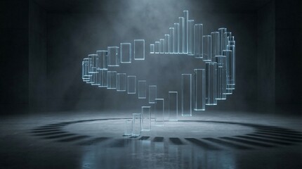 A futuristic digital cloud made of glowing blue bars in a dark room