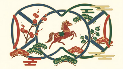 Vibrant horse in interconnected floral circles
