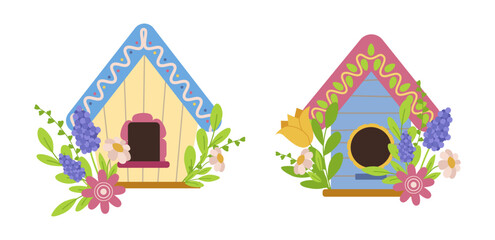 Decorative vector illustration of two colorful birdhouses adorned with flowers. The charming design combines nature with cozy habitats, perfect for spring themes and nature art.