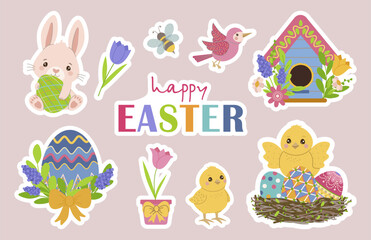 Easter, bunny, egg, vector, rabbit, flower, bird, sticker, bee, basket, illustration, collection, set, cute, spring, nest, art, decoration, colorful, holiday, flowers, celebration, design, nature, dec