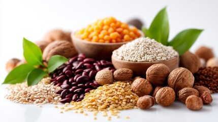 A vibrant collection of legumes, grains, and nuts showcases rich colors and textures. Beautifully arranged, this assortment invites creativity in healthy cooking and recipe exploration
