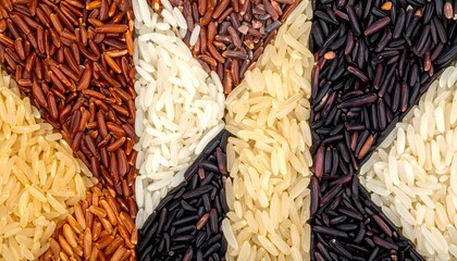 Variety of Rice Grains: Black Rice, Brown Rice, White Rice, and Yellow Rice
