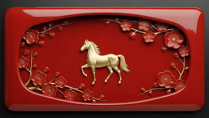 Golden horse on red lacquerware with floral motifs