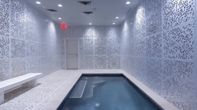 Modern spa room with intricate wall paneling, a small pool, bench, and exit sign