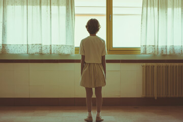 Child Standing Alone Gazing Out Window