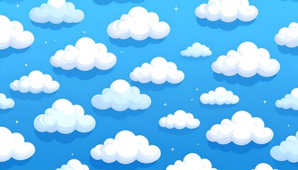 Cartoon illustration depicts a bright blue sky filled with fluffy, white clouds