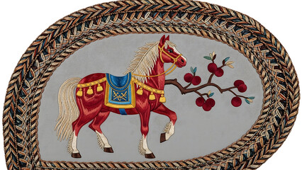 Vibrant red horse with colorful saddle and harness under fruit tree