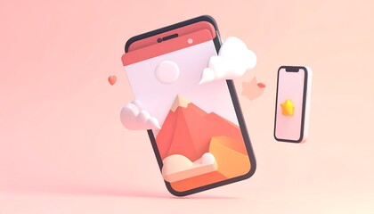 Animated 3D rendering of two smartphones, one with a landscape, floating elements