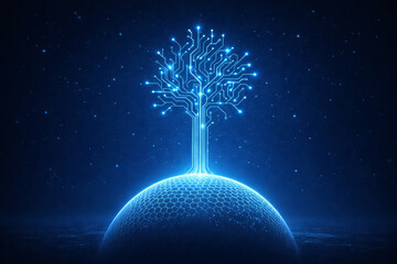 AI generated blue digital tree of circuit lines growing from a geometric globe representing global data networks artificial intelligence future technology and innovation on dark cosmic background