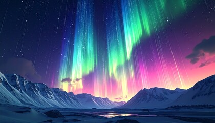 Aurora Borealis Over Snowy Mountains, Night Sky