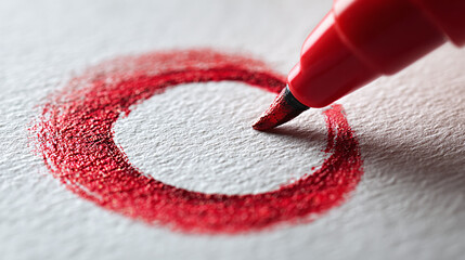 A red marker circles a symbol on paper, symbolizing completion or affirmation