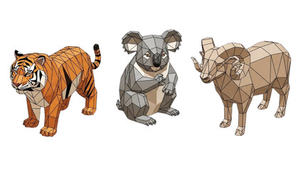 Isometric Low Poly Animals Set Featuring Tiger, Koala, and Ram for Geometric Wildlife and Nature Graphic Design