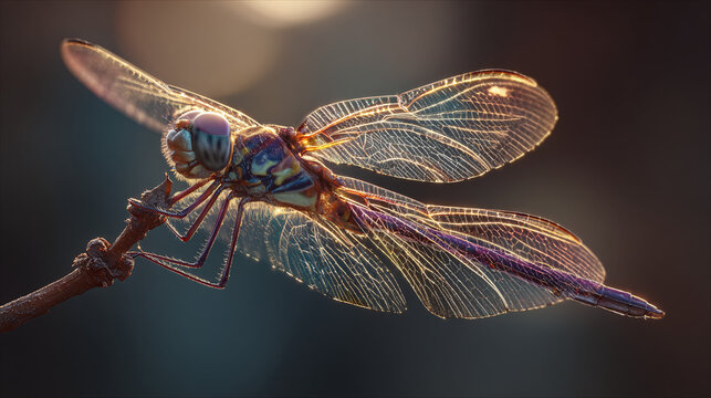 A macro shot captures the delicate beauty of a dragonfly with translucent wings resting on a branch. The wings shimmer with iridescent hues, highlighted by the sunlight