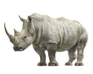 Obraz premium Heavyset rhinoceros with two horns, standing on a black background