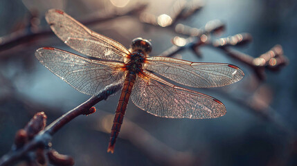 A macro shot of a delicate dragonfly perched on a branch, its wings glistening with sunlight