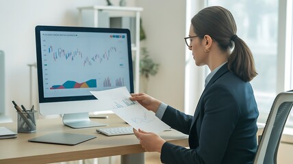 A focused businesswoman wearing glasses reviews financial data charts on a computer screen and paper in her modern office