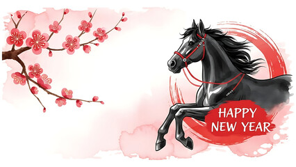 Happy new year greeting with a majestic black horse