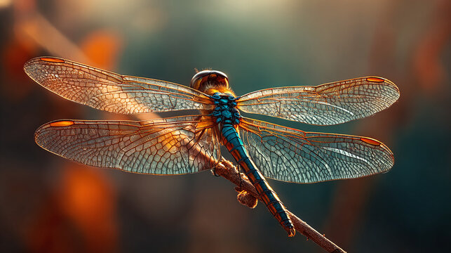 A close-up view of a vibrant dragonfly perched on a slender branch, showcasing its intricate wings and iridescent body. The dragonfly displays a spectrum of colors, including hints of blue, orange.