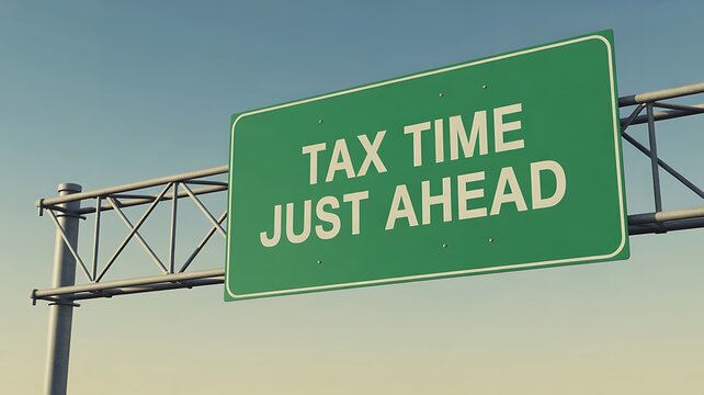 A large green highway sign warns drivers that tax time is just ahead on the road