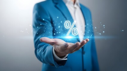 Professional hand presenting a glowing digital percentage symbol, signifying financial opportunities, interest rates, and investment returns