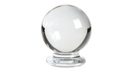 A crystal ball sits on a clear glass stand against a black background